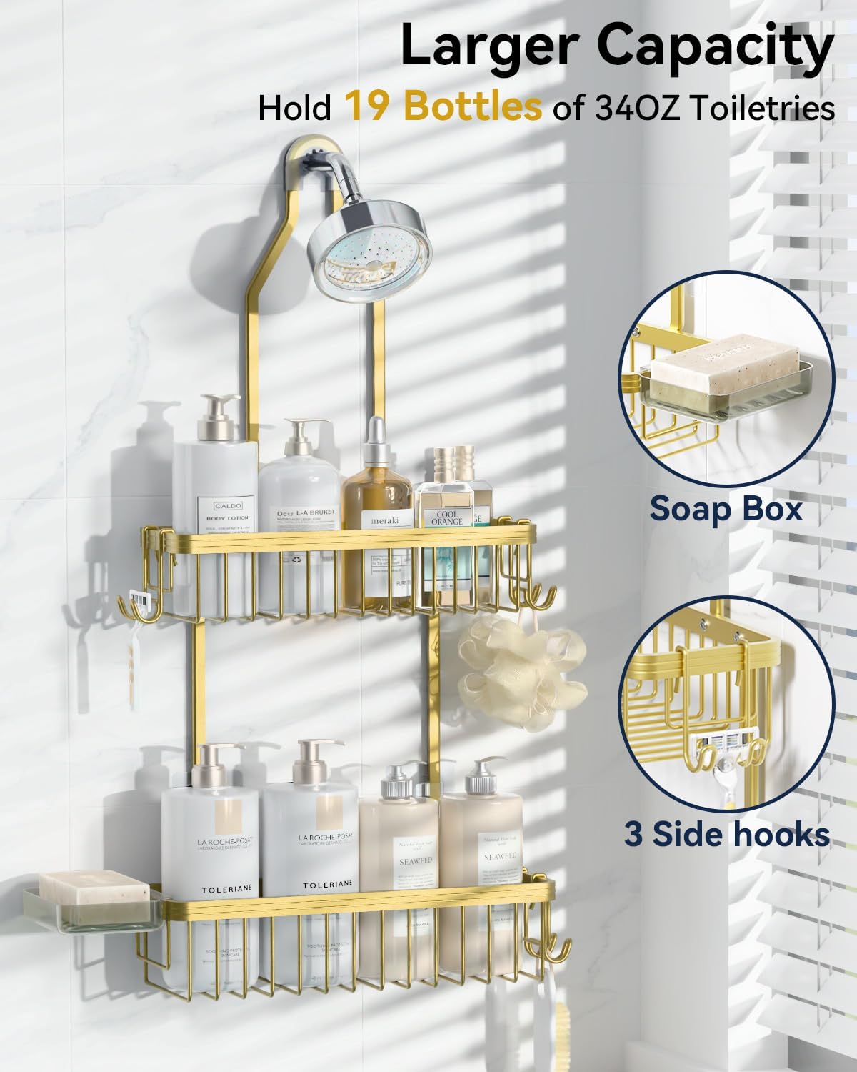YASONIC Shower Caddy Hanging, Never Rust Shower Organizer Hanging, Aluminum Shower Racks for Inside Shower with Hooks for Razor, Bathroom Organizers and Storage with Soap Holder, Gold