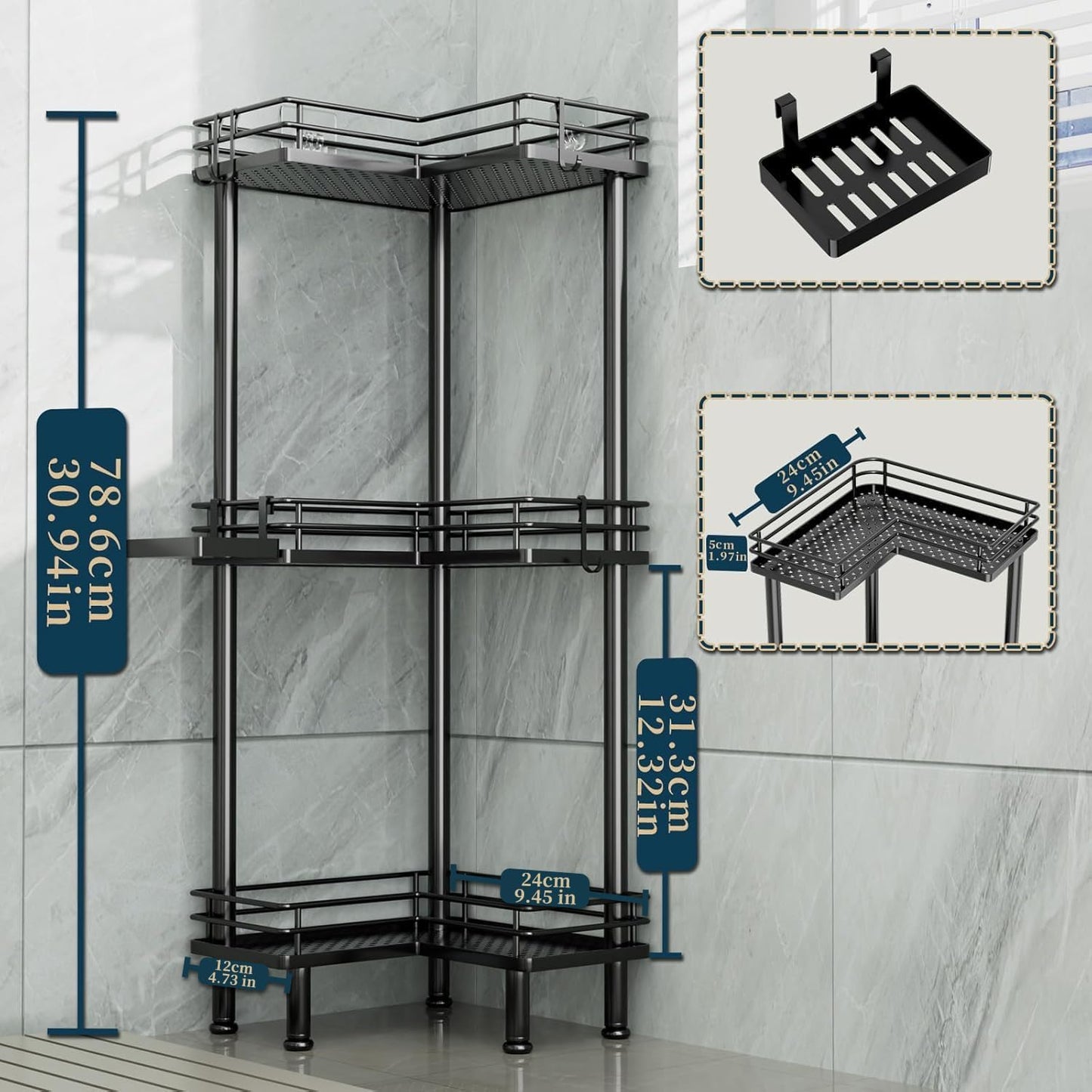 Consumest Corner Shower Caddy Standing - 3-Tier Stainless Steel Shower Organizer with Soap Holder and 4 Hooks, Large Capacity Corner Shelf Stand for Bathroom, Rest Room, Black