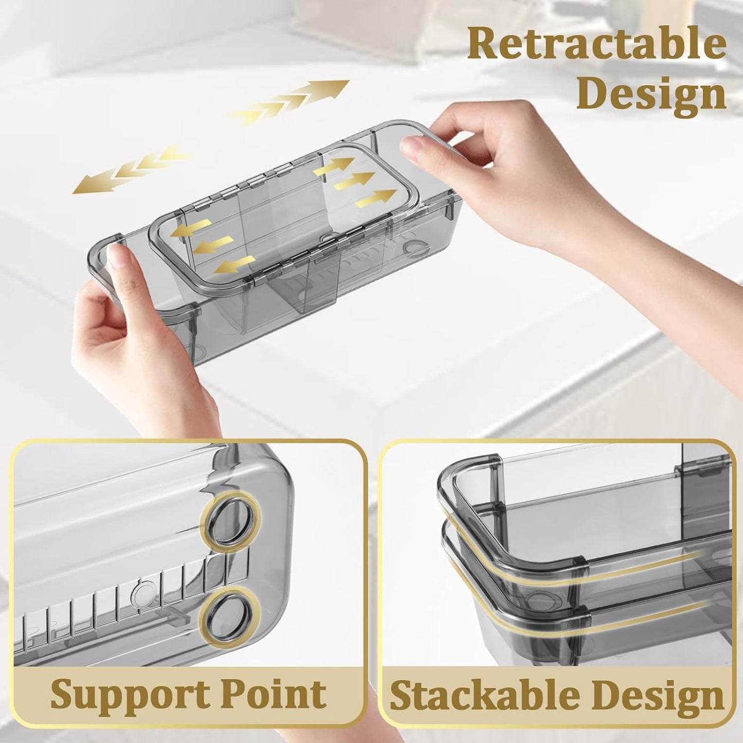 14 Pcs Adjustable Clear Drawer Organizer, Extendable Vanity Storage Bins, Desk Drawer Organizer Set for Makeup, Cosmetics, Bedroom, and Gadgets, Black