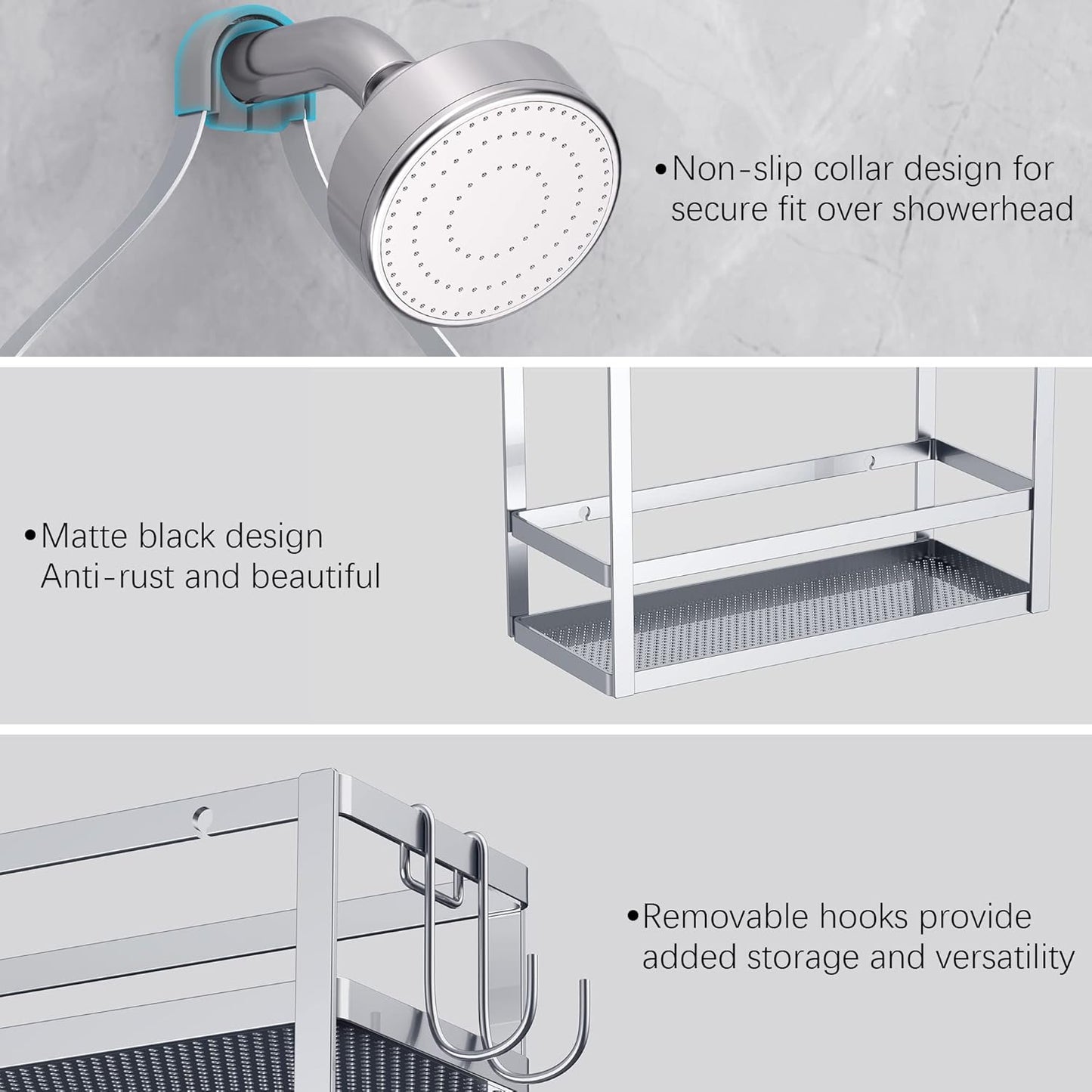 Meangood Shower Caddy, Silver Hanging Shower Caddy Organizer 10.4" x 4.5" x 22.04" Over Shower Head Big Capacity for Shampoo, Conditioner with Hooks for Razor/Sponge