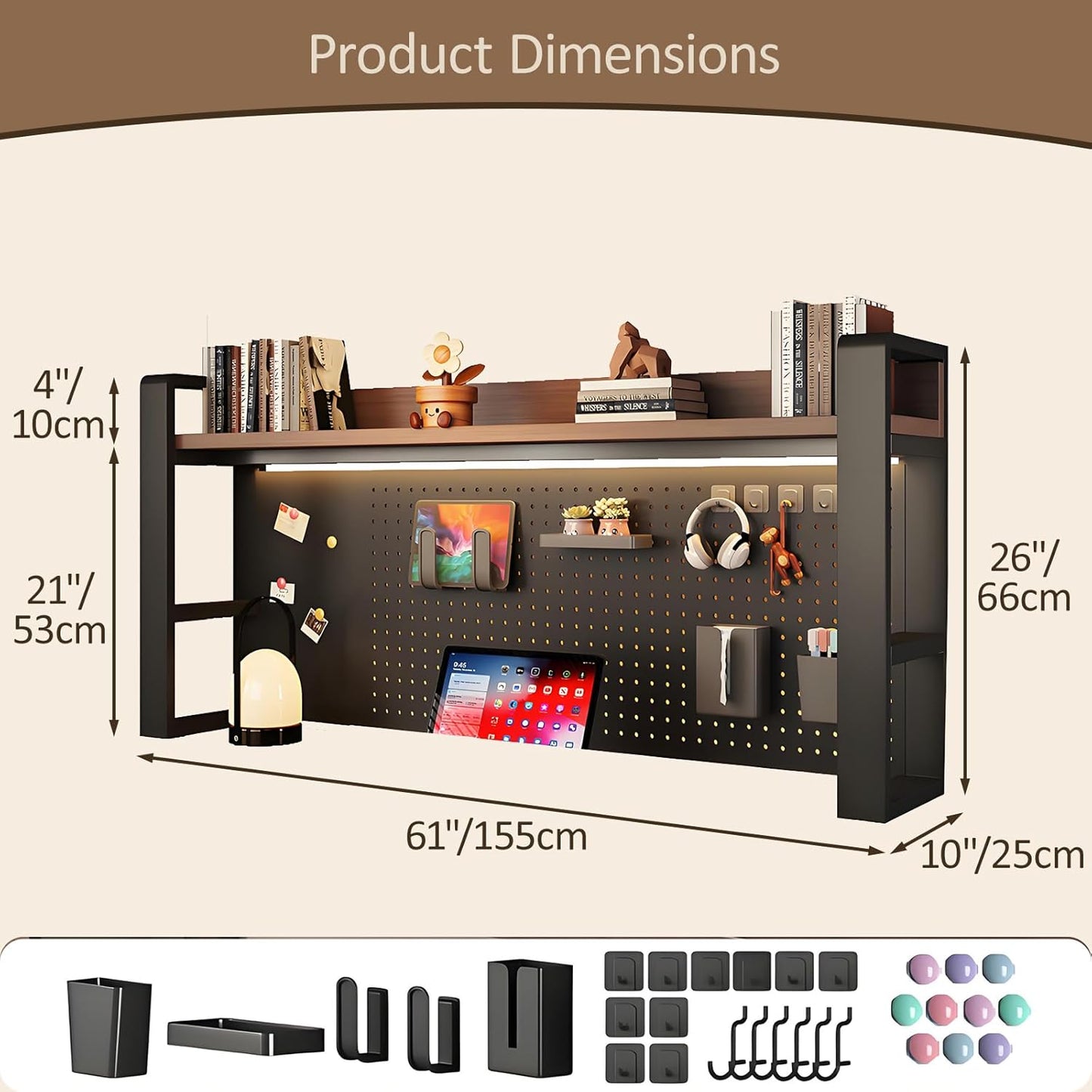2/3 Tier Desk Hutch with Pegboard, Desk Shelf Organizer with Metal Frame, Space Saving Desktop Bookshelf, Desktop Shelf Organizer Display Rack for Study Table, Home, Of Black+Black 61×10×26"(2-Tiers)