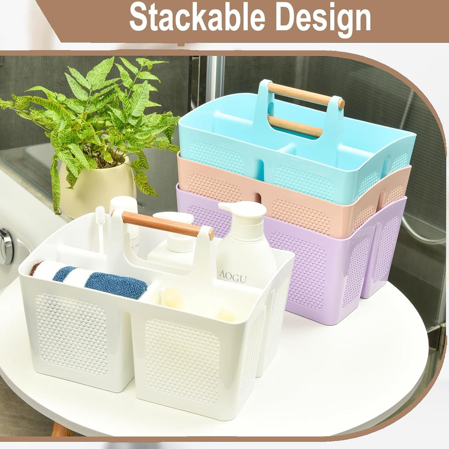 Haundry Plastic White Shower Caddy Basket with 3 Compartments, Portable Divided Bathroom Cleaning Caddy Organizer Storage Tote with Handle for Dorm, College, Room Essentials