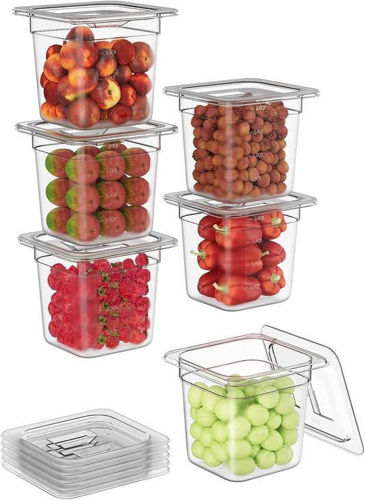 1/6 6'' 6 Pack Plastic Food Pans With Lids, Clear Food Pan, Commercial Stackable Polycarbonate Freezer-Safe for Fruits Vegetables Restaurant Kitchen