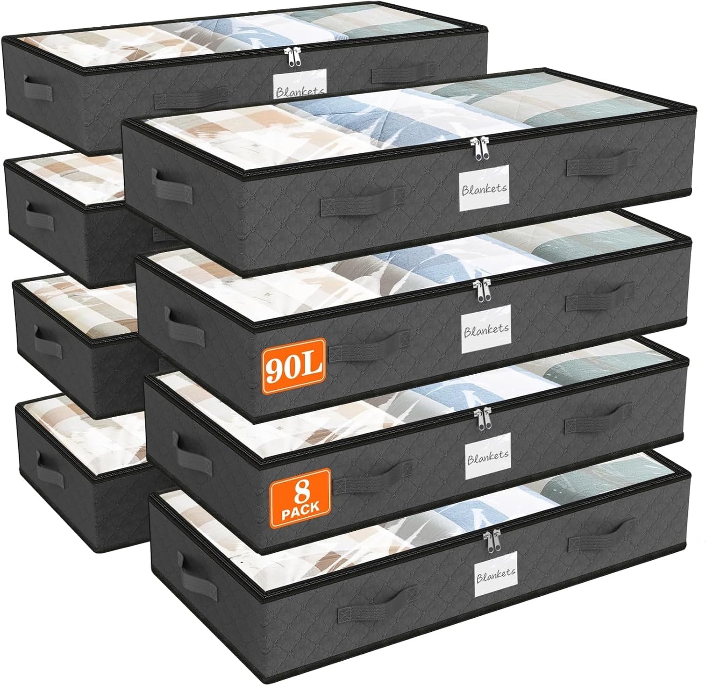 SpaceWhisper 90L Under Bed Storage Containers, 8-Pack Storage Bins with Clear Top, Foldable Closet Organizers and Storage with Label Holder for Clothing, Blankets, Comforter & Pillows (Grey)
