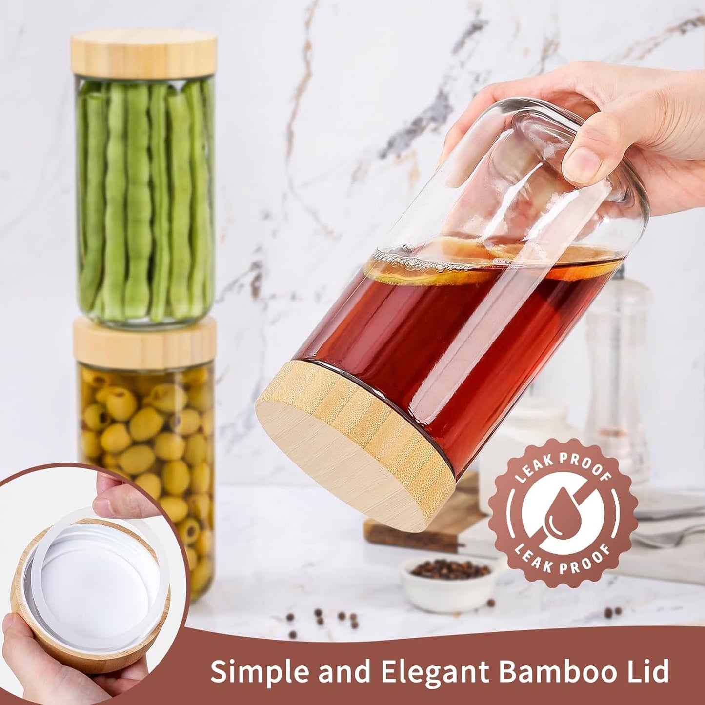 DRKIO 24 Oz Overnight Oats Containers with Bamboo Lids - 4 Pack Glass Storage Jars with Airtight Lids Wide Mouth Mason Food Jars Great for Meal Prep Salad Chia Pudding Snacks Yogurt Sugar Spice