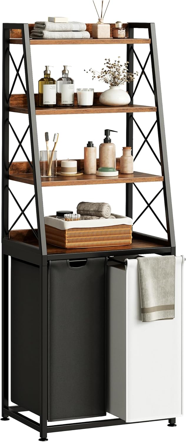 Laundry Basket, 2 Section Laundry Hamper with 4 Tiers Shelf, Pull-Out and Removable Laundry Bags, Large 2 x 15.87 Gallons, for Bedroom Bathroom Rustic Brown PF11XLN