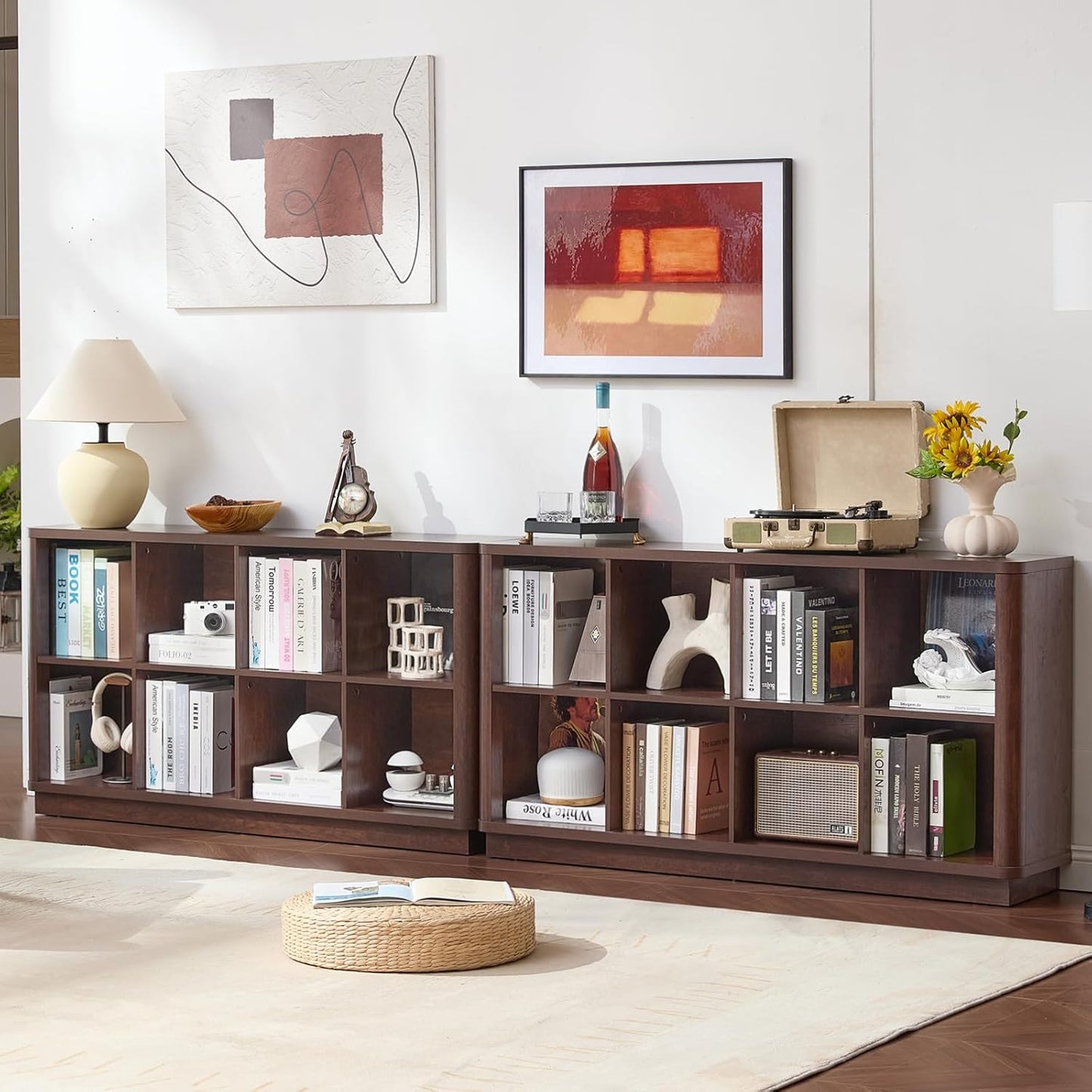 8 Cube Bookcase, 52" Long Horizontal Book Shelf w/Curved Edge, Floor Standing 2-Tier Cubby TV Stand Bookshelf with Wooden Base, Farmhouse Low Storage Cabinet for Living Room, Office, Walnut