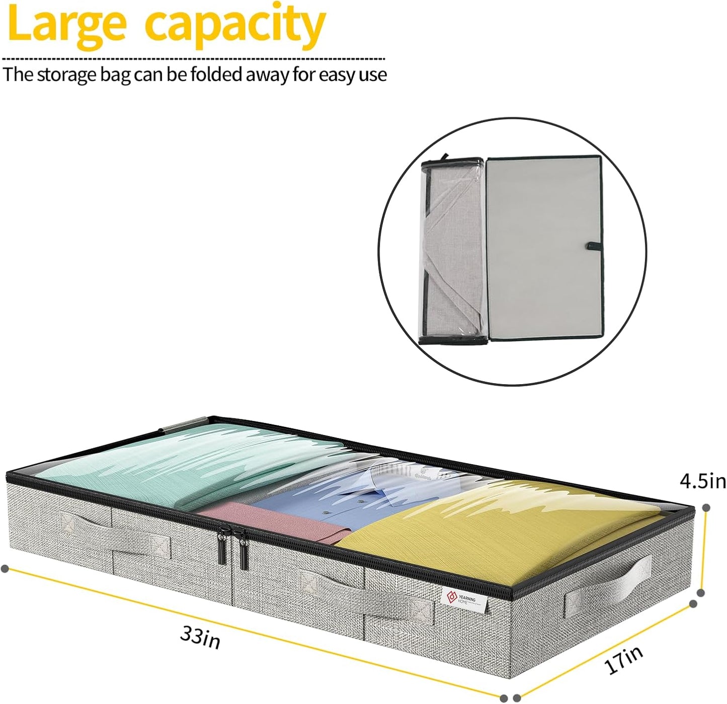 4.5 Inches Under Bed Storage Containers with Sturdy Sidewalls/Bottom and Reinforced Handles，Low Profile Underbed Storage for Clothes,Shoes,Pillows and Blankets with Zips and Clear Windows,4 Pack