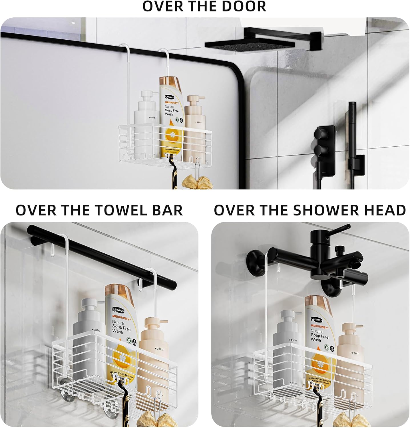 SHANSHUI Shower Hanging Caddy, Bathroom Shower Organizer Basket, Shampoo Bracket, Over Door Showers Rack with Hooks, 304 Stainless Steel Rustproof White