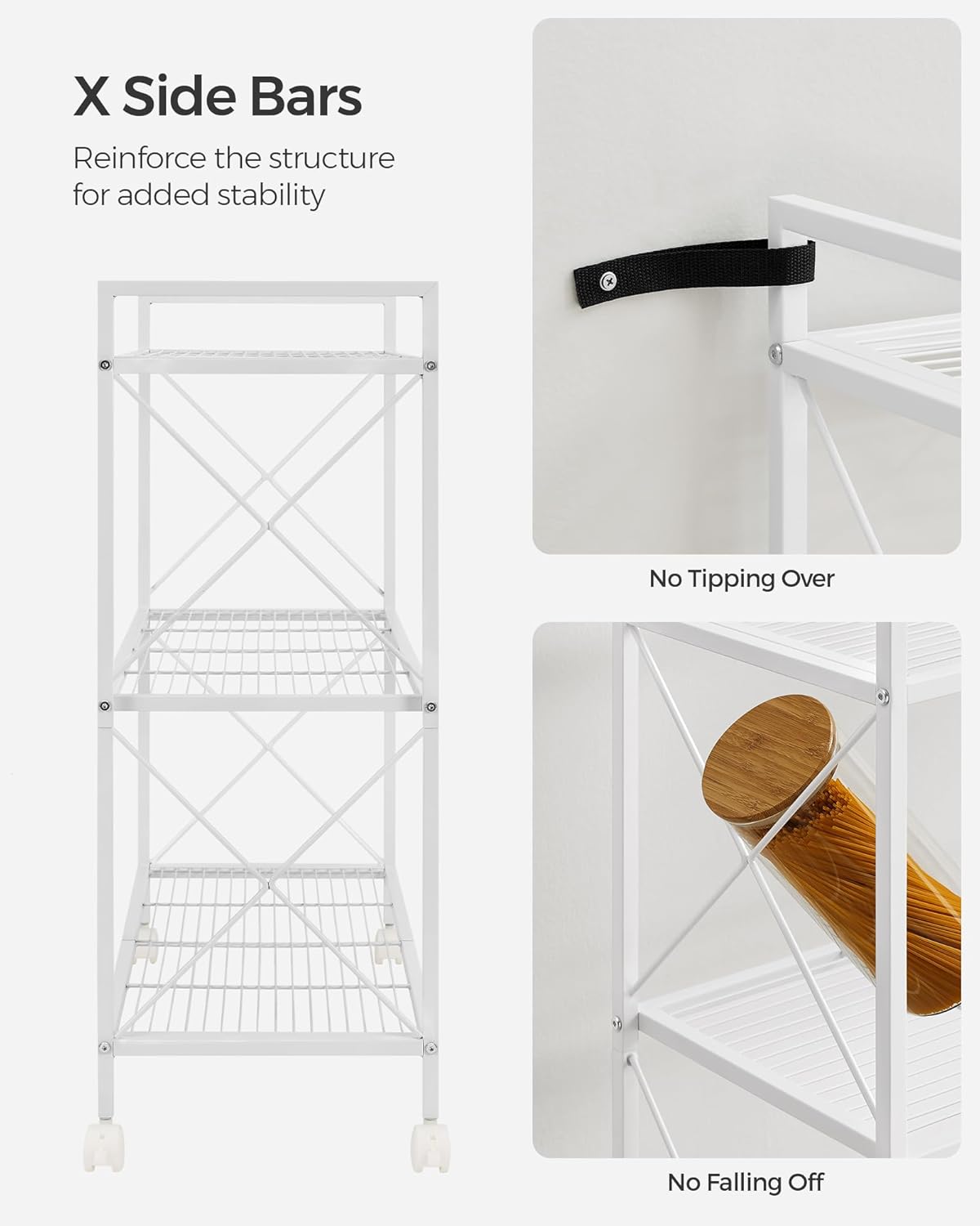 SONGMICS 3-Tier Metal Storage Rack with Wheels, Mesh Shelving Unit with X Side Frames, 31.5-Inch Width, for Entryway, Kitchen, Living Room, Bathroom, Industrial Style, White UBSC183W01