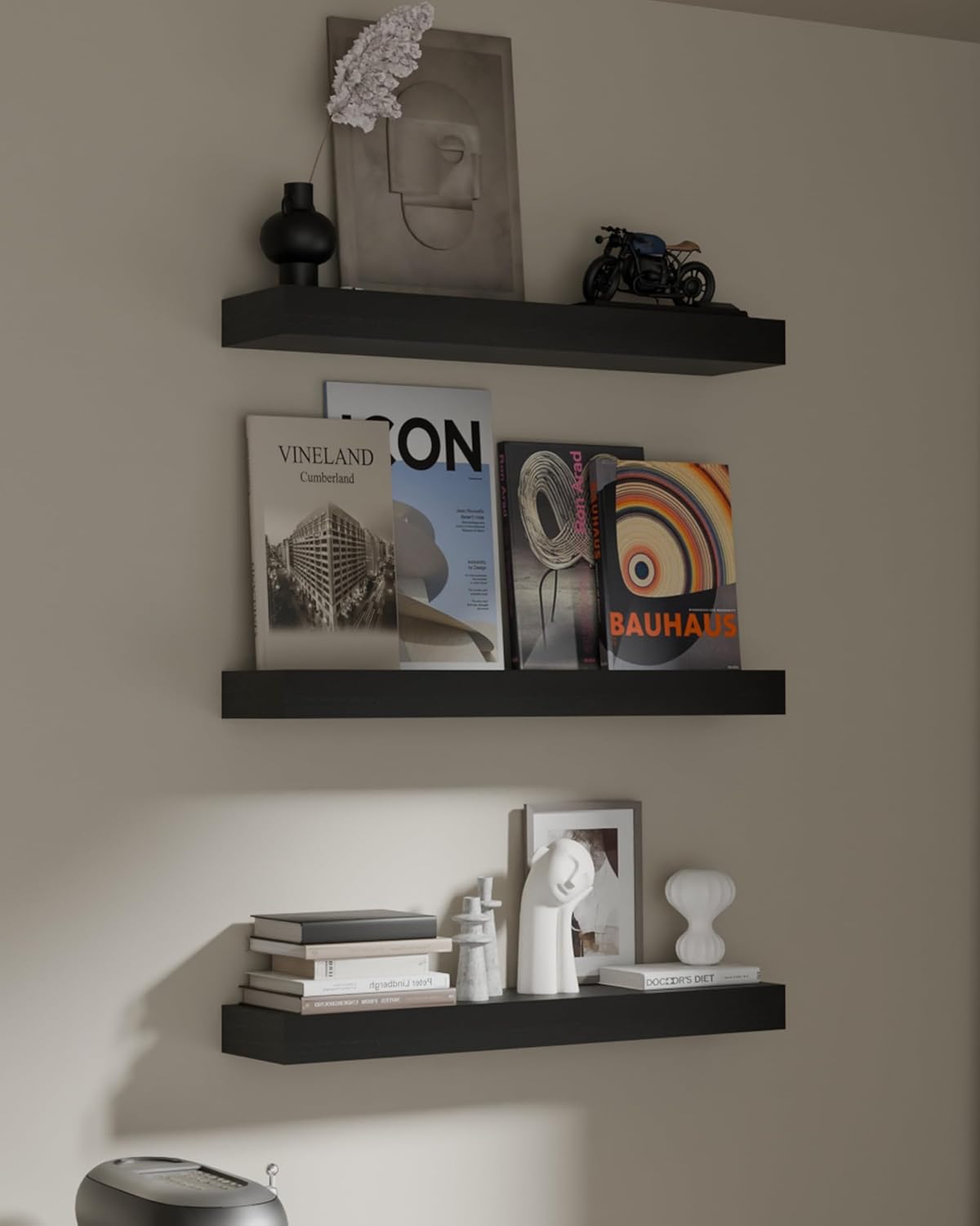 Floating Shelves for Wall, 16 Inch Long Premium Solid Wood Wall Shelves, Set of 3, Black Modern Wall Mounted Shelves for Living Room,Bedroom,and Kitchen (Black, 3T16IN)