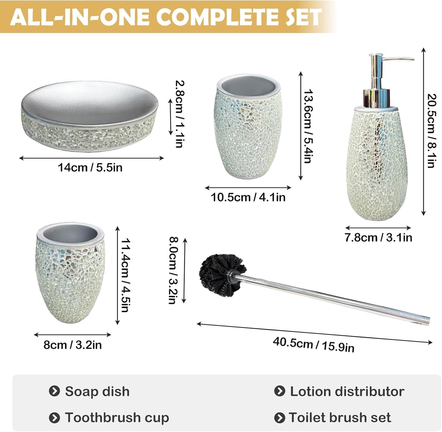 Exquisite Silver Glass Sequins Resin Bathroom Accessory Set,4 Pcs - Soap Dish,Lotion Dispenser,Toothbrush Cup,Toilet Brush & Holder,Modern Luxury Bathroom Set