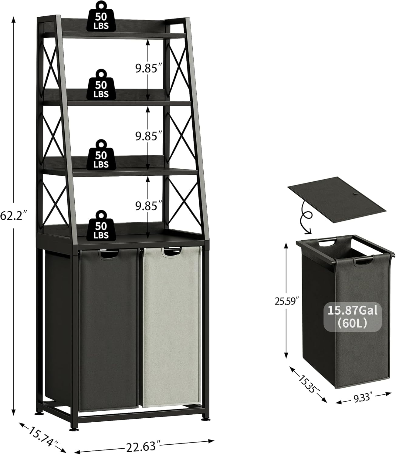 Laundry Basket, 2 Section Laundry Hamper with 4 Tiers Shelf, Pull-Out and Removable Laundry Bags, Large 2 x 15.87 Gallons, for Bedroom Bathroom Black PF11XLK
