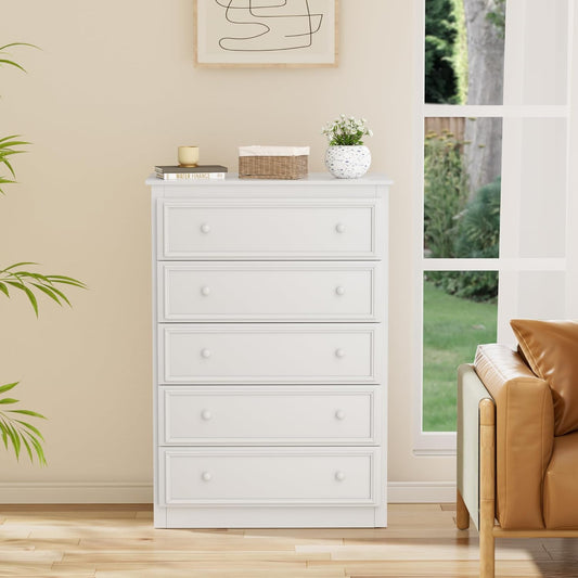 5 Drawer Dresser for Bedroom, Tall Wooden Chest of Drawers with Spacious Top, Modern Storage Organizer Cabinet for Closet, Nursery, Living Room, 15.7" D x 31.5" W x 45.7" H (White)