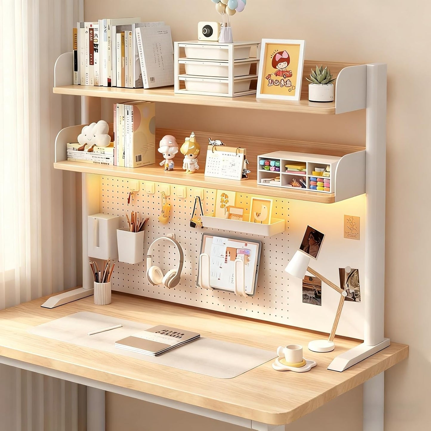 Desk Organizer Shelf for Standing Desk – Metal Frame Desk Hutch with Pegboard, Storage Shelf, and Hooks, Space-Saving Desktop Organizer for Home Office & Workstation yellow 23.6*9.3*37.4in