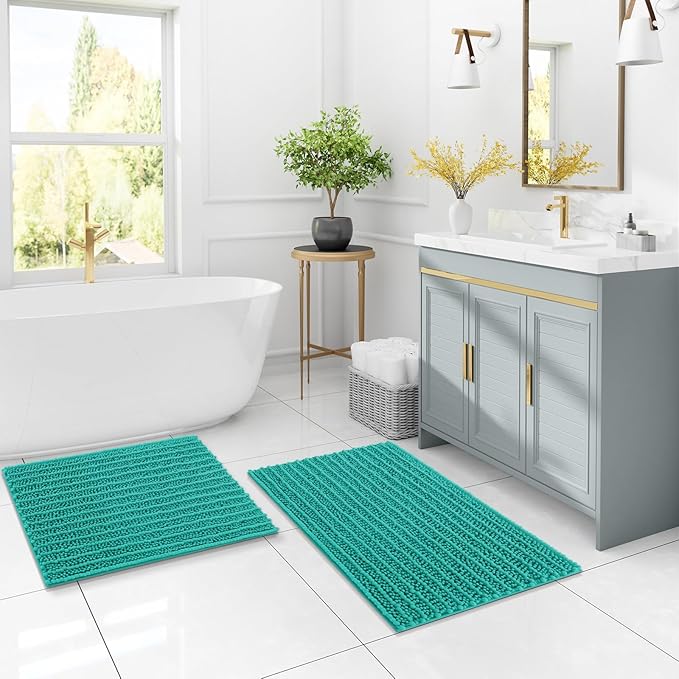 Arotive Luxury Chenille Bathroom Rug Mat, Extra Soft Thick Absorbent Shaggy Bath Rugs, Non-Slip Machine Wash Dry, Plush Bath Mats for Bathroom, Shower and Tub, 24x16, Teal