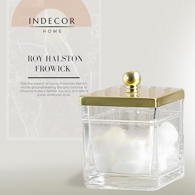 Clear Transparent Hotel Style Apothecary Tempered Glass Canister Jar W/ Gold Metal Lid Cover, Classic Countertop Organizer for Cotton balls/pads, Floss Picks, Makeup Storage