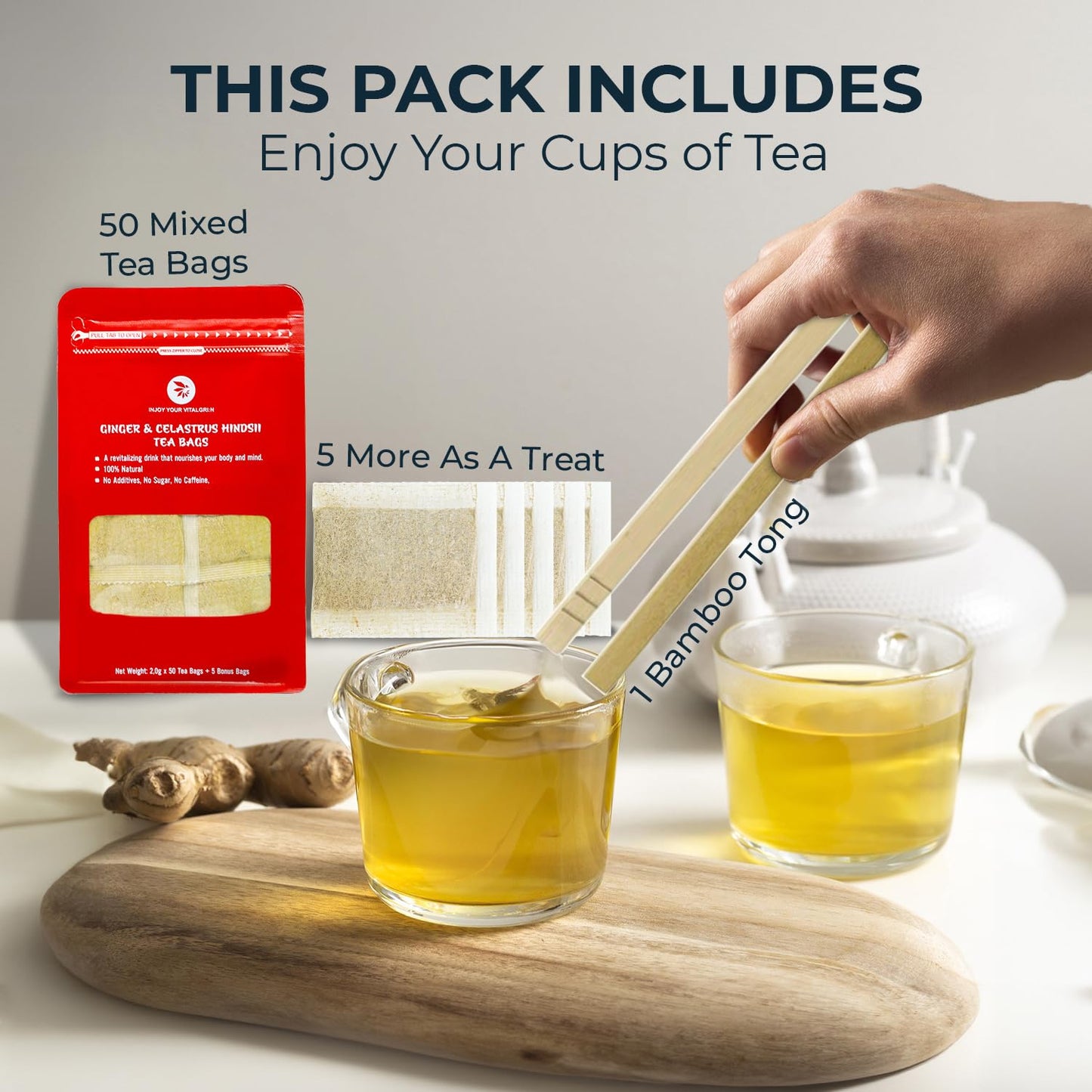 Pure Ginger Tea Bags with Celastrus Hindsii - 55 Count (+5 Tea Bags) - 5.15 oz, Re-Steep Herbal Tea Blend, Corn Based Bags, Bamboo Tong Include, No Sugar Added, Natural Ginger Tea