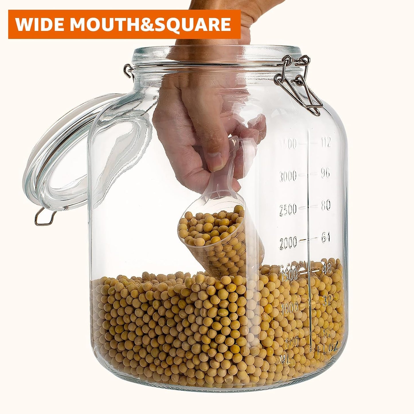 2 Pack 1.1 Gallon Square Super Wide Mouth, Airtight Glass Storage Jars, with Measurement Marks, Leak-Proof Lids for Kitchen Pantry, Canning, Dry Food (Flour, Sugar) & Drinks