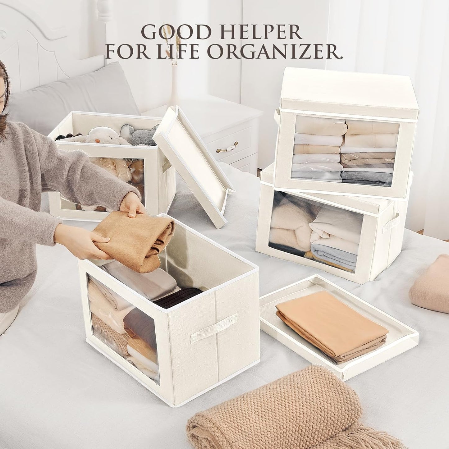 Fabric Storage Bins with Lids, Decorative Storage Boxes, Closet Storage Bins with Window, Storage Baskets for Closet, Closet Organizers for Towel, Clothes, Beige, 4-Pack