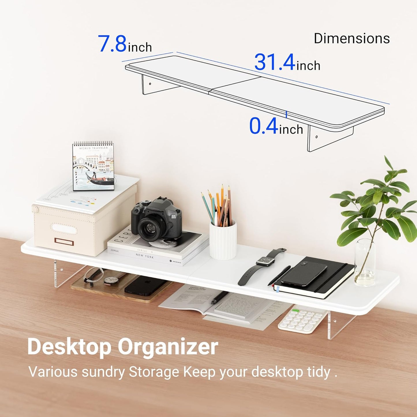 Monitor Stand Riser,31.5-Inch LED Light Wood Computer Monitor Stand with Adjustable Acrylic Legs,Desk Accessories Desktop Organizer Stand for, Computer,Laptop,Printer,PC TV Screen Riser,White
