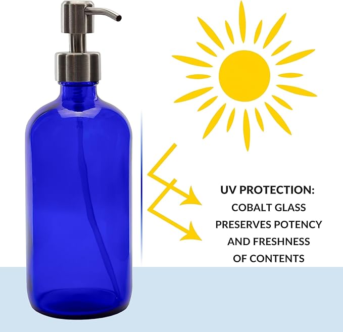 Cornucopia Brands 16-Ounce Cobalt Blue Glass Bottles w/Stainless Steel Pumps (2-Pack), Soap Dispenser w/Lotion Pumps for Essential Oils, Lotions, Liquid Soap