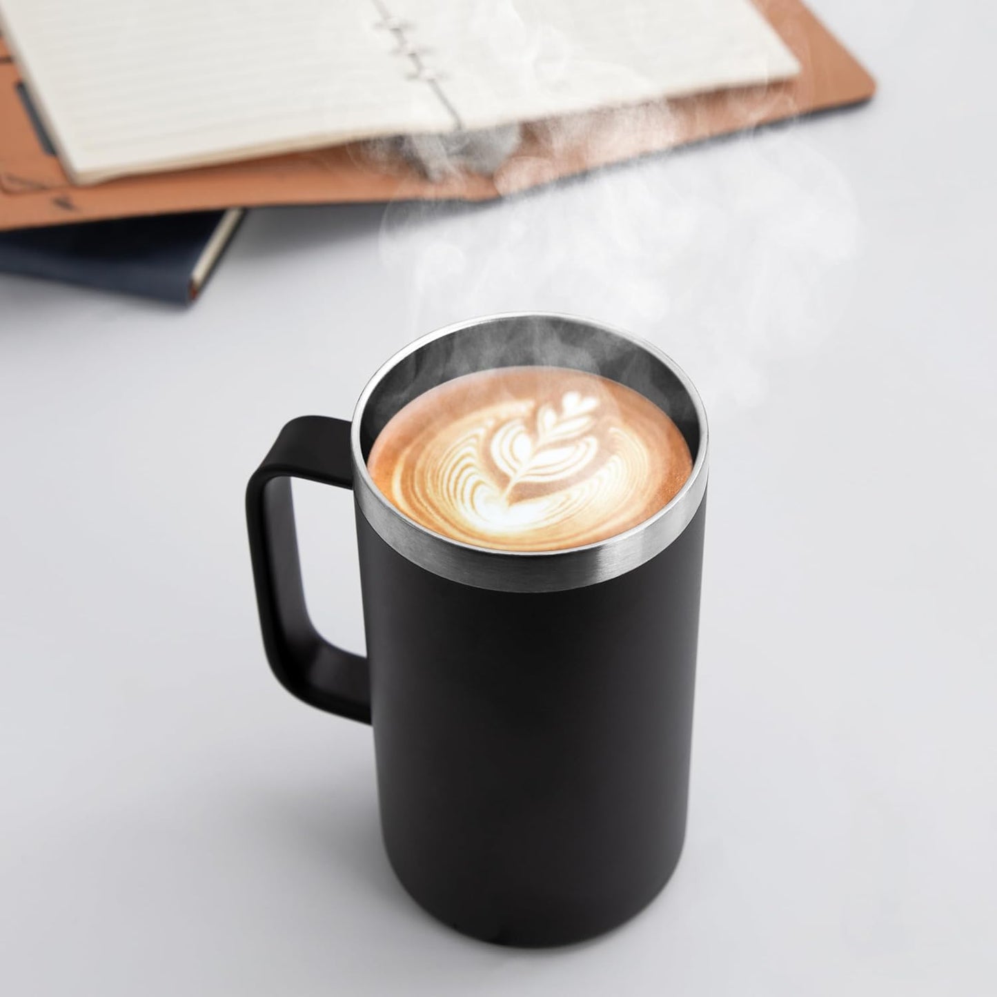 DOMICARE 24oz Mug with Handle and Lid, Stainless Steel Coffee Mug, Travel Mug with Handle, Double Wall Vacuum Coffee Tumbler, Reusable Insulated Cup, Black, Pack 4