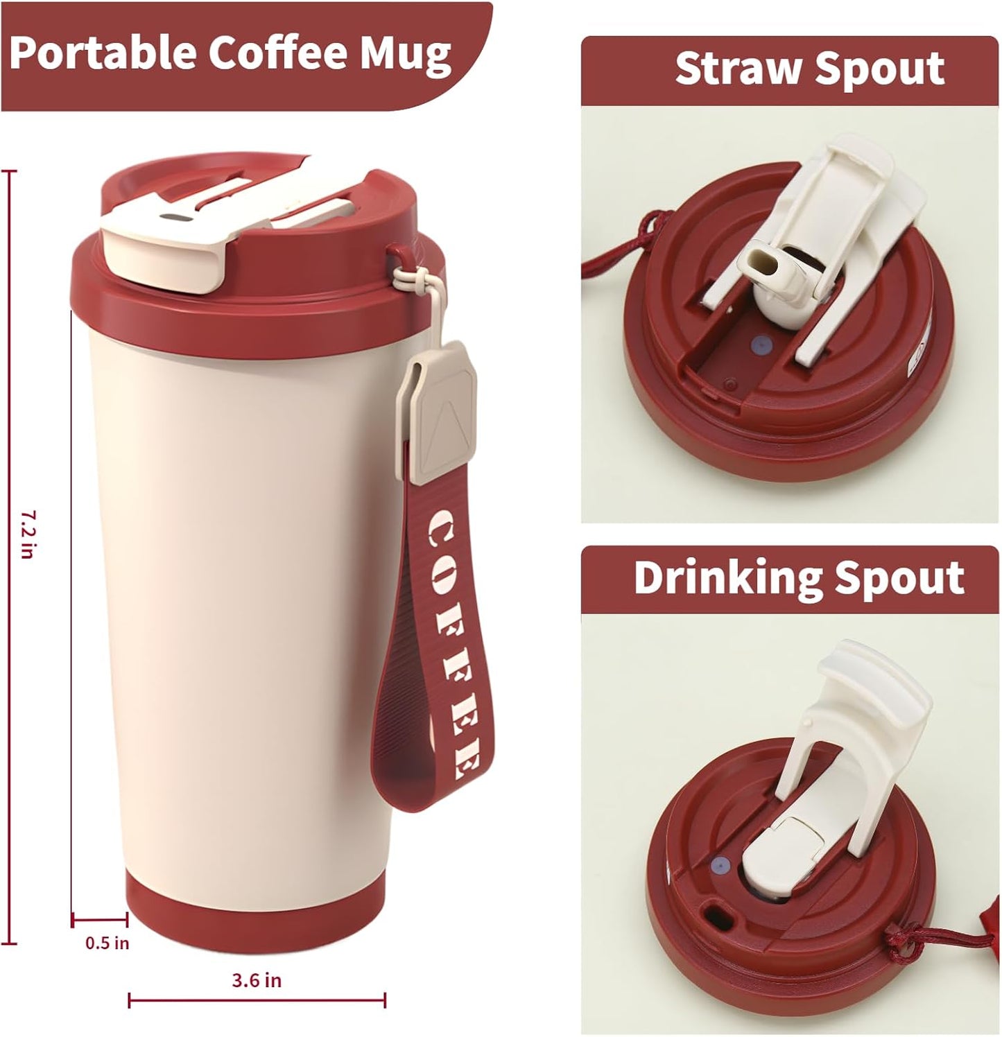 18 oz Insulated Coffee Mug with Straw and Lid, Durable Stainless Steel Coffee Cups with Strap, Reusable Iced&Hot Coffee Tumbler,Portable Coffee Travel Mug for Car, Camping(Retro Red)