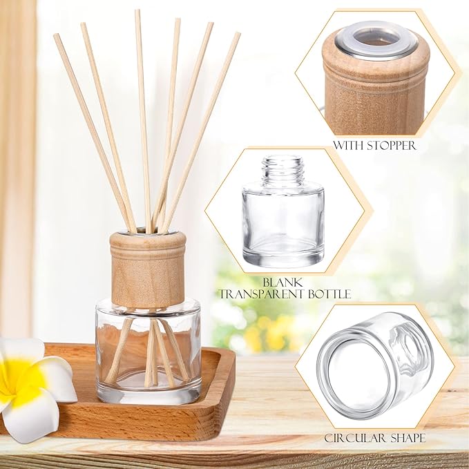 Roshtia 10 Set Reed Diffuser Bottle Empty Refillable Fragrance Glass Diffuser Bottles Set with Wooden Caps Sticks 50ml 1.7 oz Round Glass Jars for DIY Fragrance