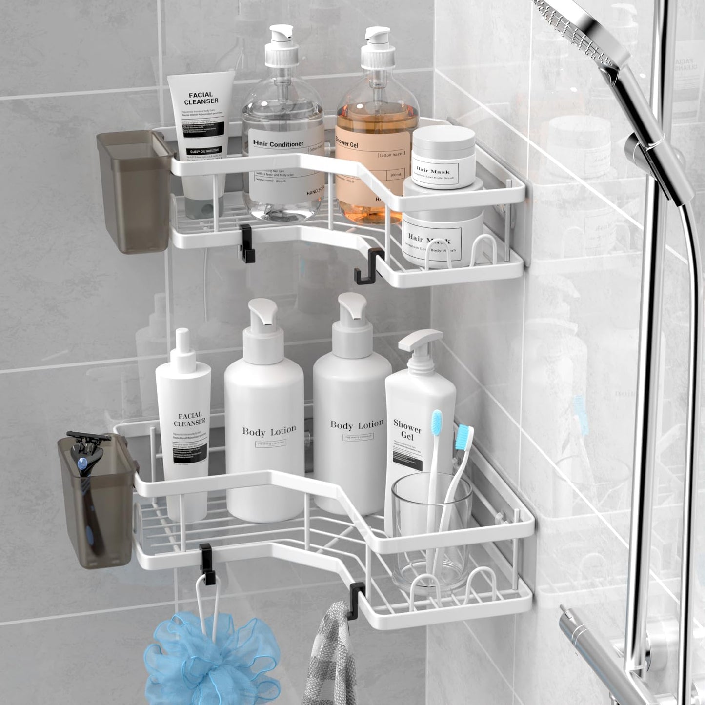 Shower Caddy Corner Organizer Shelf: 2Pack Adhesive Shower Shelf Essentials Accessories - No Drilling Stainless Steel Bathroom Storage Rack with Hooks and Toothpaste Holder