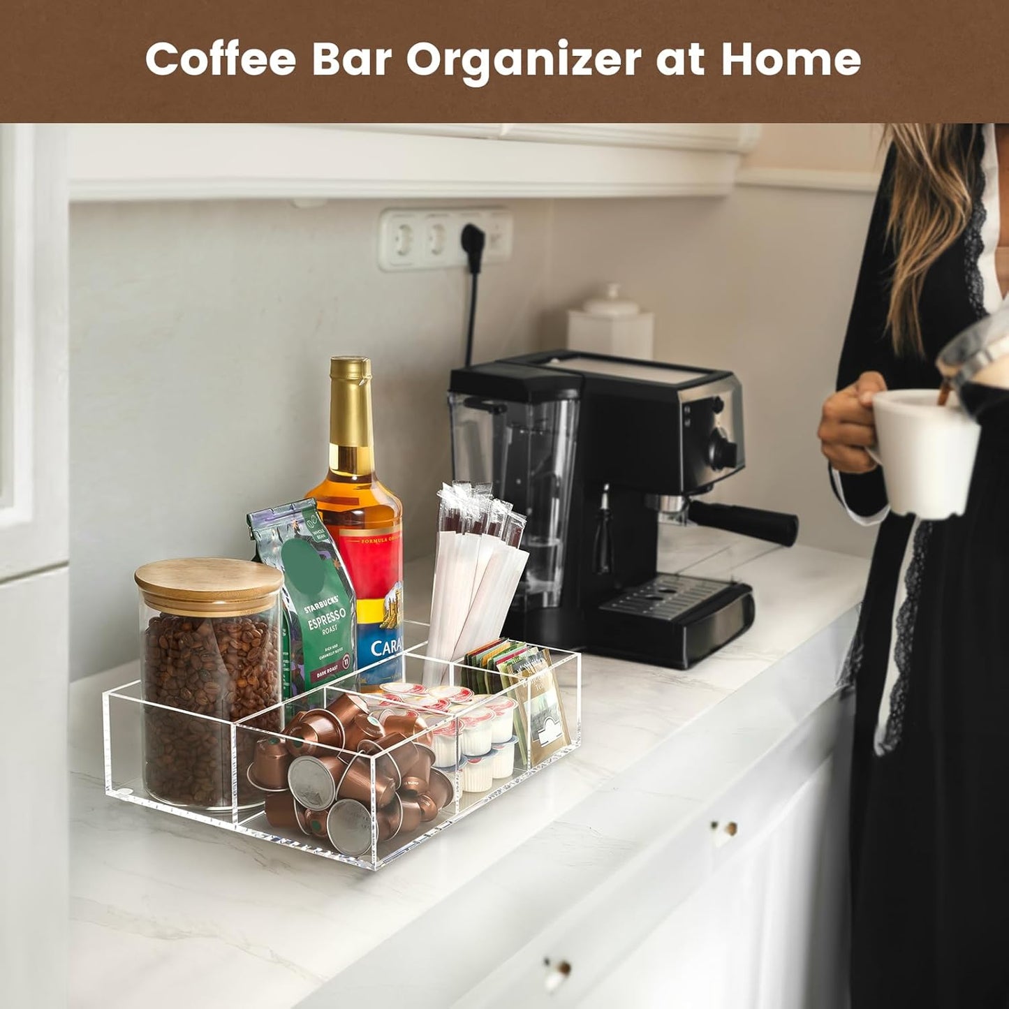 BEYGORM Acrylic Coffee Bar Station Organizer for Countertop,Office Breakroom Clear Snack Tea Storage Accessories Holder for Kcup Pod Condiment Cup Sugar Creamer Syrup, Gift for Coffee Lovers