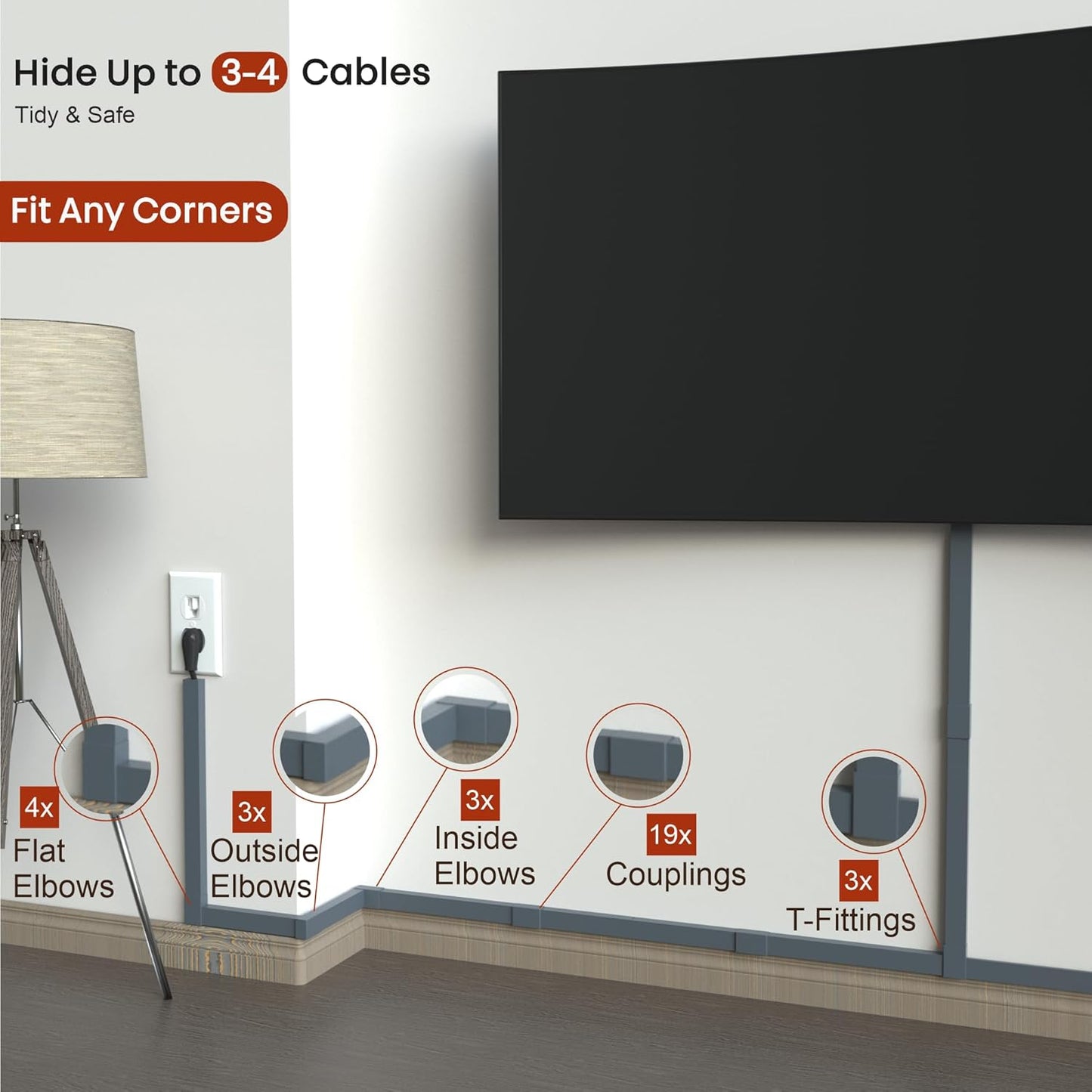 Grey Cable Concealer Wall Kit - 315in Cable Raceway for Extension Cord, Cord Cover Kit for Wall Mounted TV, Gray Wire Management, Decorative Electrical Cable Concealer, Cable Channel, Wire Molding