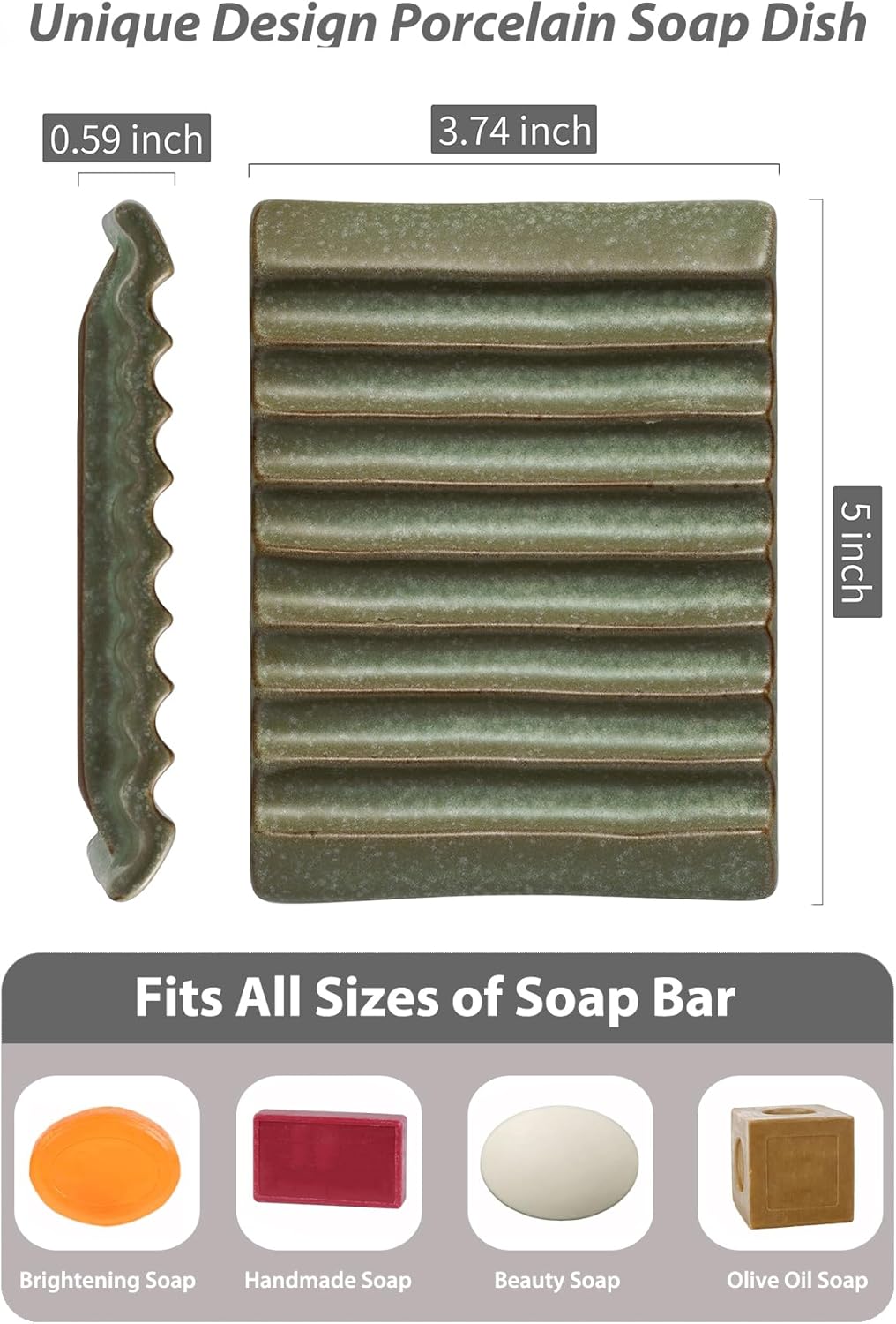 Soap Dish, Ceramic Soap Holder Bar Soap Saver Non-Slip Bathroom Accessories for Sponges, Scrubber, Razor, Green