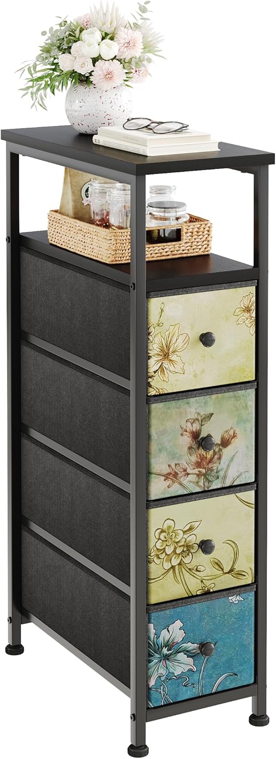 Narrow Dresser, Narrow Nightstand Dresser Storage Tower with 4 Drawers, Slim Fabric Dressers Chest of Drawers for Small Spaces, Retro Flower Dressers, for Bedroom Bathroom Laundry Closet (Black)