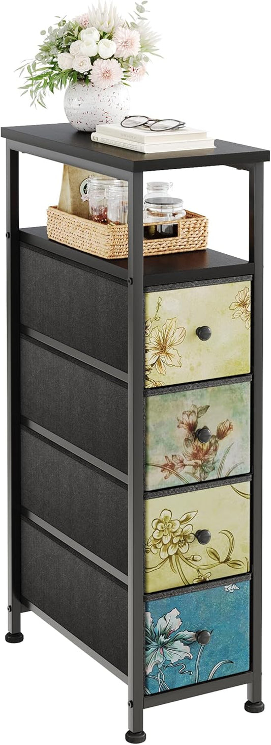 Narrow Dresser, Narrow Nightstand Dresser Storage Tower with 4 Drawers, Slim Fabric Dressers Chest of Drawers for Small Spaces, Retro Flower Dressers, for Bedroom Bathroom Laundry Closet (Black)