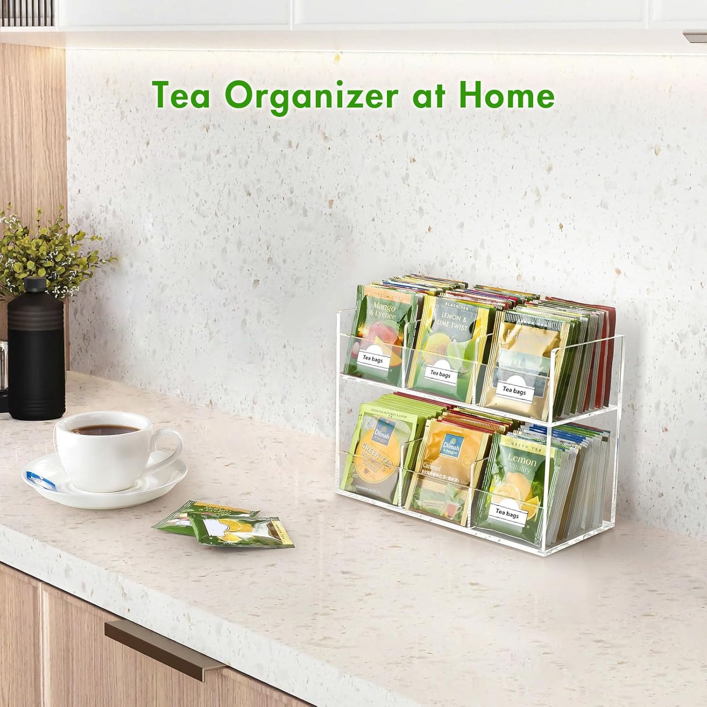 BEYGORM Acrylic Tea Bag Organizer for Tea Packets, No Assembly Required Display Holder for Countertop, Vertical Tea Bag Caddy for Cabinet, Tea bar Accessories, Teabags Storage Containers