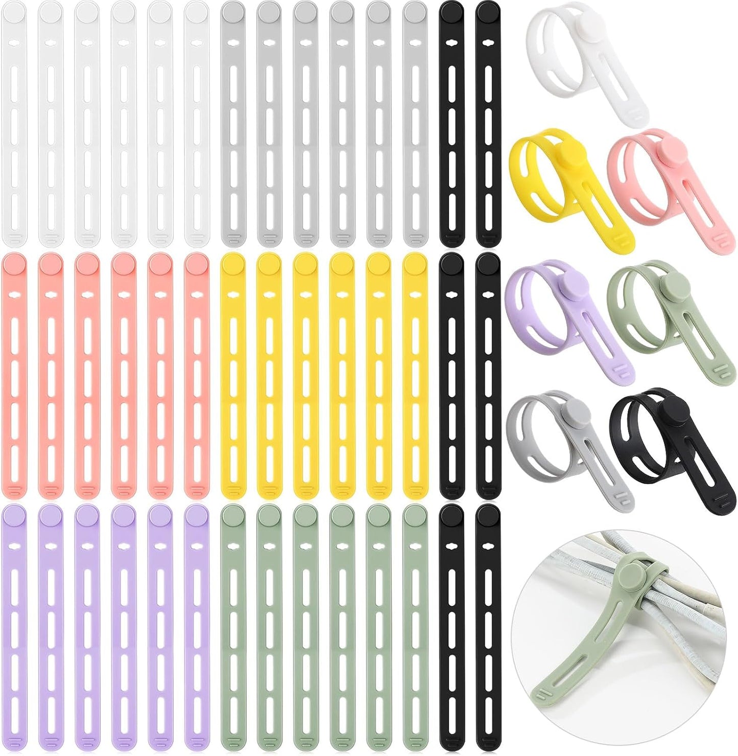42 Pcs Silicone Cable Ties Reusable Cord Straps Multipurpose Elastic Cable Organizer for Bundling Fastening Earphone Phone Charger Home Office School(Multicolor,5.12 Inch)