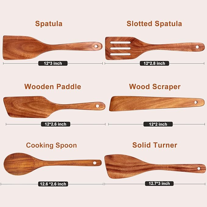 6 Pcs Best Flat Wood Spatula Set Teak Wooden Spoon for Cooking Utensils Slotted Turner Spatula Non Toxic Kitchen Utensil Set Scraper Spurtle Serving Turner Bamboo Cooking Spoons Egg Flipper Spatulas
