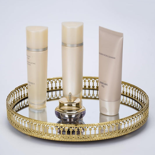 Gold Mirrored Vanity Tray for Bathroom Counter,Metal Decorative Jewelry Storage Tray Cosmetic Perfume Organizer for Dresser,Bedroom,Home Decor,Suit for Candle Holder,Coffee Table Centerpiece,L