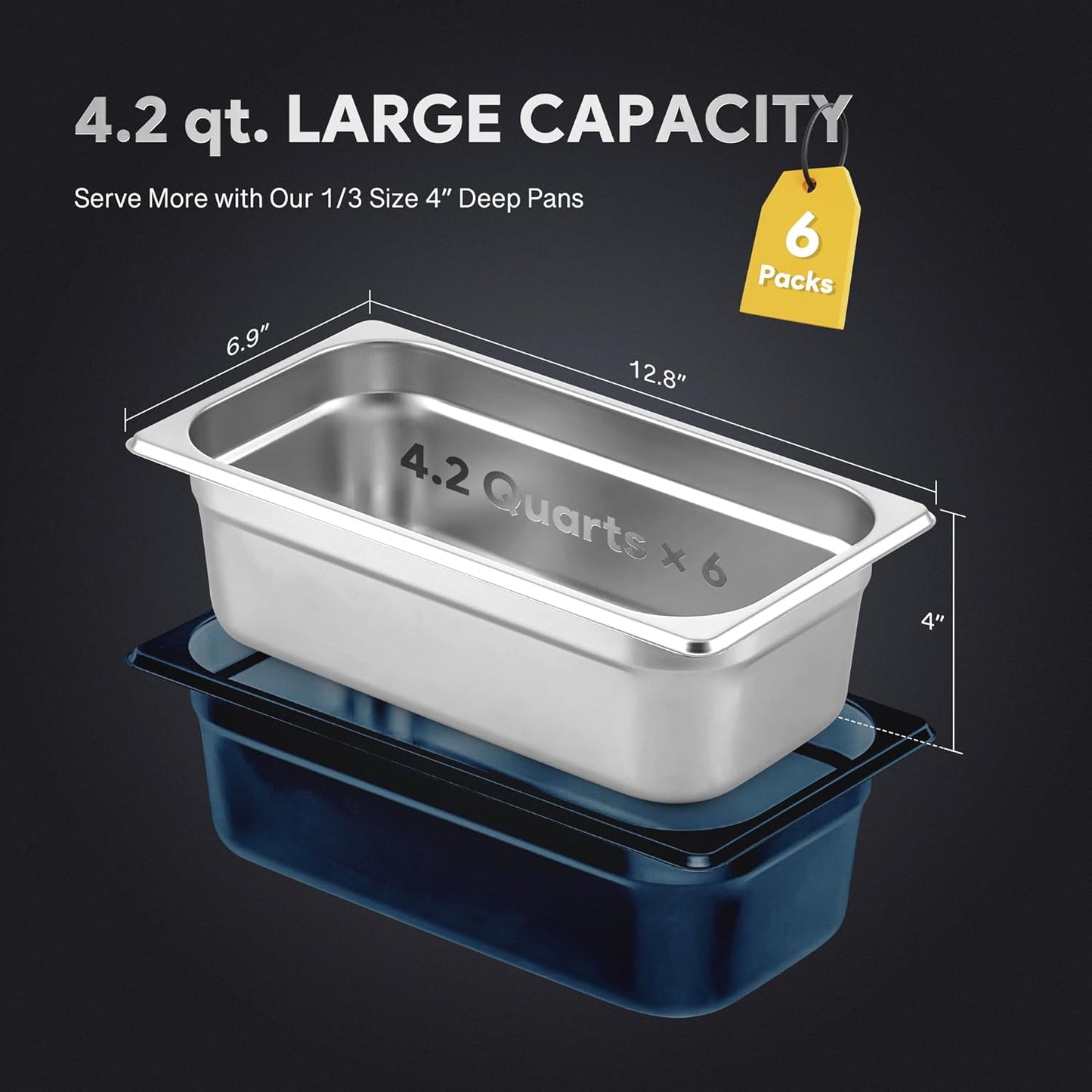 Wilprep 6 Pack Hotel Pans, 1/3 Size 4 in Deep Steam Table Pans with Lids, Food Grade Stainless Steel Hotel Pans, 4.2 qt Catering Food Storage Pans for Buffets Events Restaurants, NSF Listed