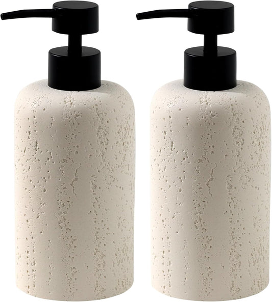 Soap Dispensers 400mL 13.5 OZ, 2 PCS Luxurious Hand Dish Lotion Shampoo Soap Dispenser Jar, Travertine Soap Pump Bottles for Kitchen Bathroom Countertop (Cream)