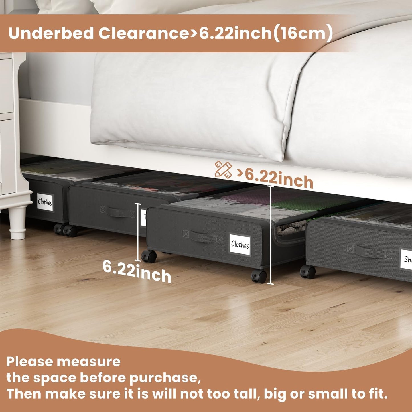 Under Bed Storage Containers with Clear Lid, Large Under Bed Storage with Wheels,6.22"H Under Bed Containers Rolling Under Bed Cart, Fabric & Metal Frame Under Bed Drawer for Clothes ;Black, 2 Pack