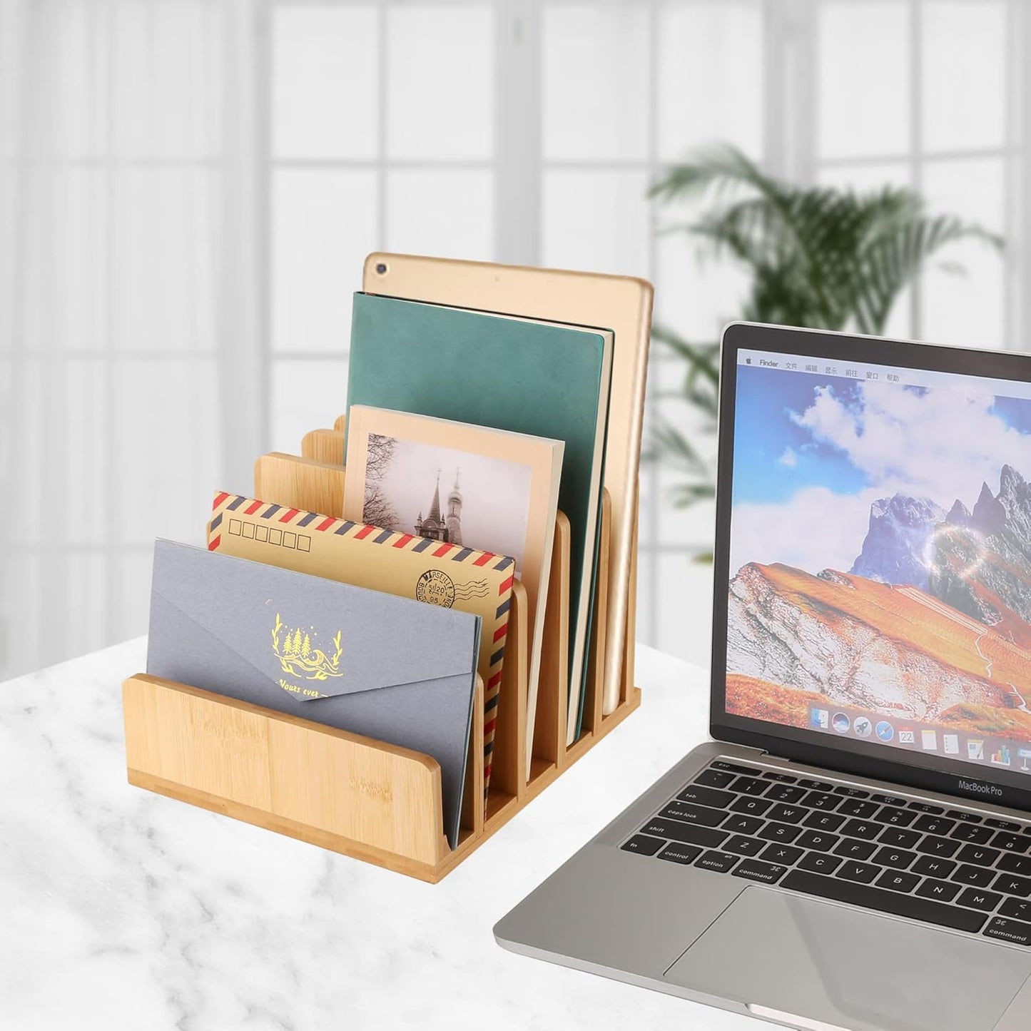 Desk File Mail Organizer Countertop Mail Sorters, Bamboo Desktop Mail Holder, Wood File Paper Holder for Letter Envelope Filing Cell Phone Ipaid, Organizer Tray for Office & Home (5 Slots)