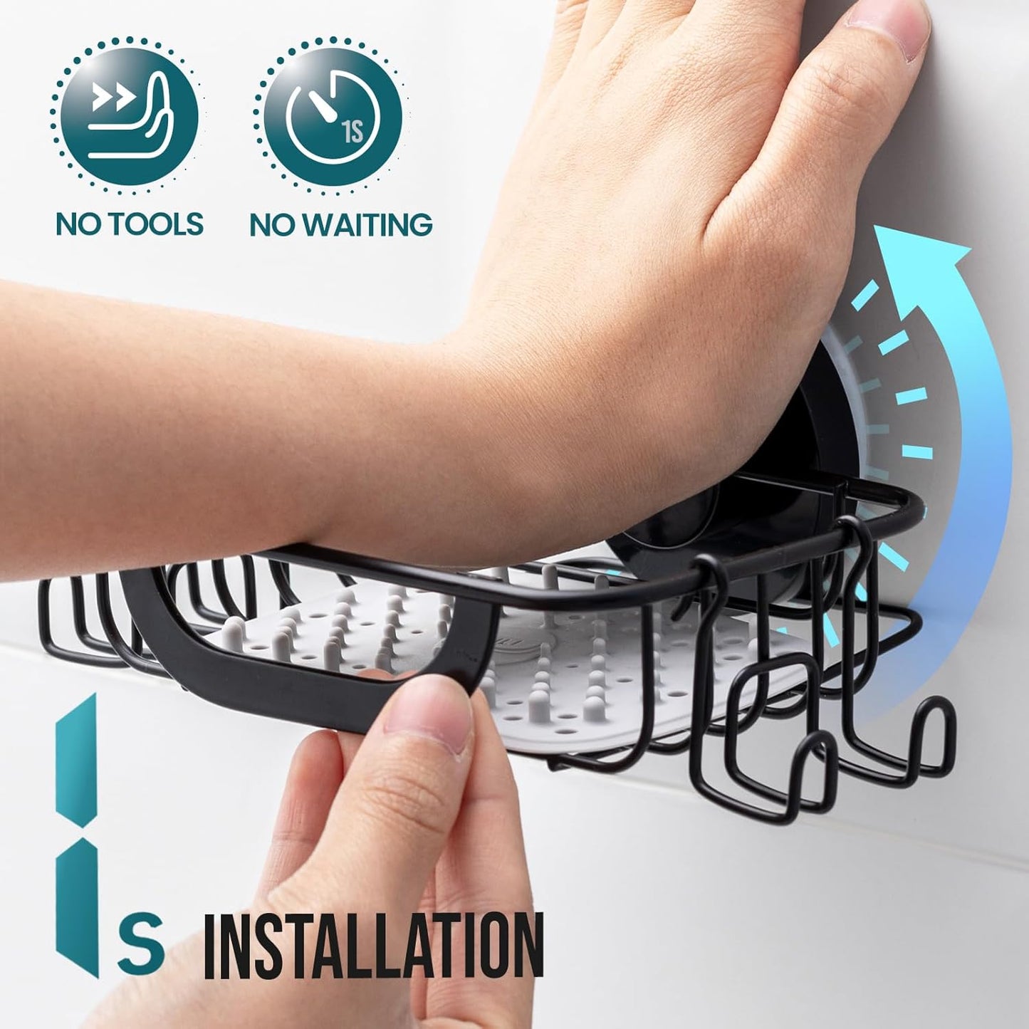 TAILI Bar Soap Holder Suction Cup with Hooks and Silicone Soap Saver Pad for Bath Shower Wall, Shampoo Caddy for Bathroom, Tub, Kitchen, Rustproof Stainless Steel Sponge Holder, Black