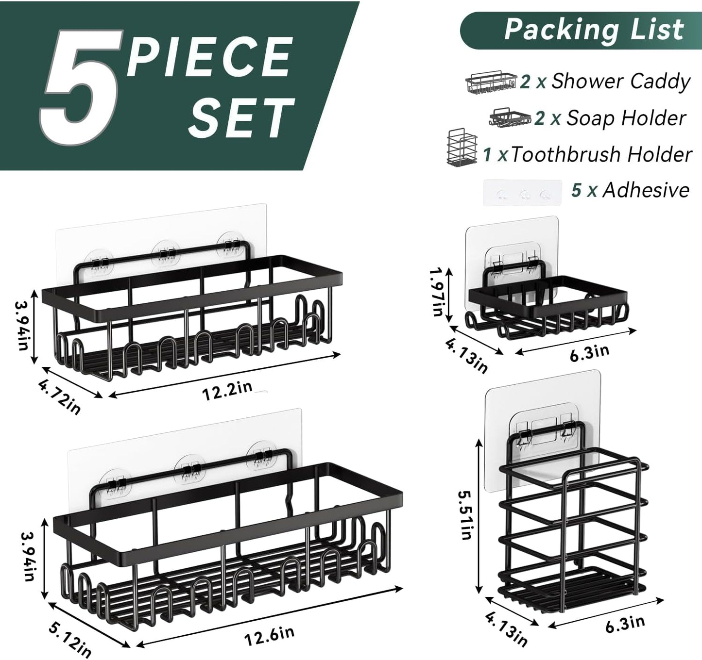 5-Pack Shower Caddy with Soap Holder and toothbrush holder, Stainless Steel Organizer for Bathroom Organizers and Storage, No Drilling Wall Mounted Rack Bathroom Caddy for Kitchen Home Black