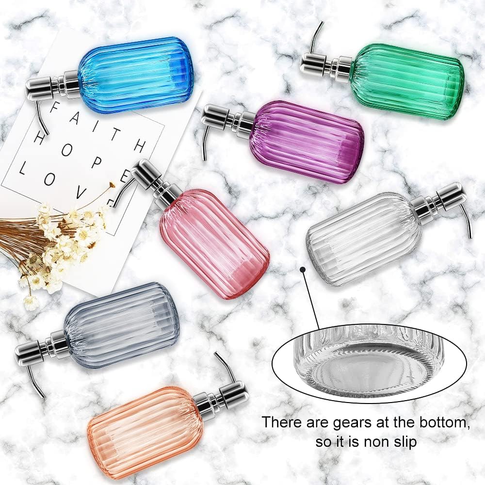 Soap Dispenser - 2 Pack 14 Oz Glass Soap Dispenser with Rust Proof Stainless Steel Pump, Refillable Liquid Bottle Dispenser, Premium Hand Jar Dispenser for Bathroom, Kitchen, Countertop (Purple)