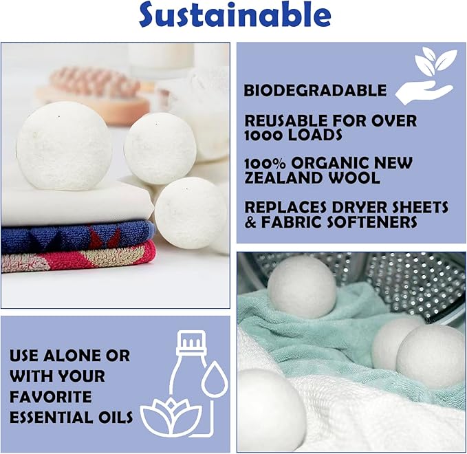 Reusable Wool Dryer Balls for Laundry, 6-Pack Handmade Drying Balls 2.36 in, Natural Fabric Softener, Helps Soften Clothes and Shorten Drying Time, with Cotton Storage Bag
