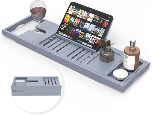 Foldable Bathtub Tray - Expandable Bamboo Bath Caddy Tray for Tub - Luxury Wood Bath Accessories, Perfect Spa Experience for New Home - Unique House Warming Gifts for Mom, Women, Couples