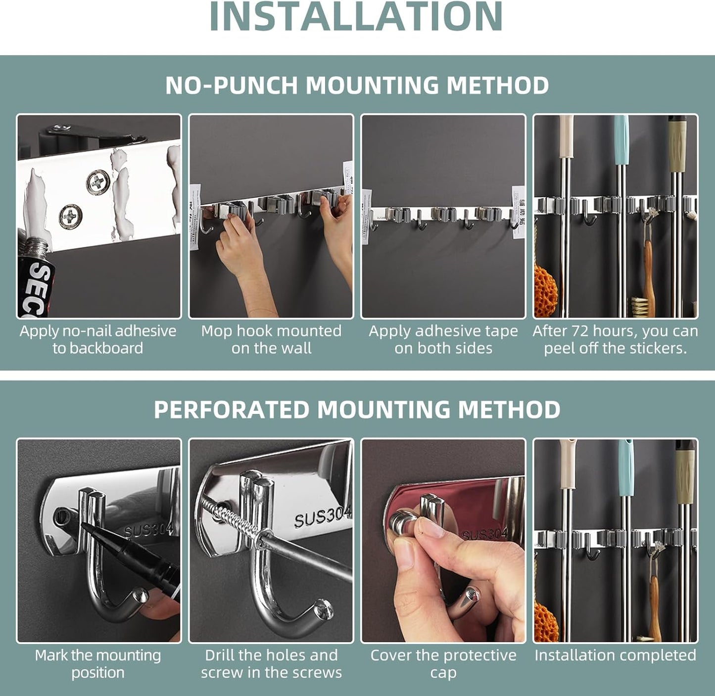 Stainless Steel Wall Mounted Storage Rack (5 Racks with 6 Hooks, Silver) for Kitchen, Bathroom, Laundry Room, Garage, Broom Cabinet, Indoor and Outdoor Use