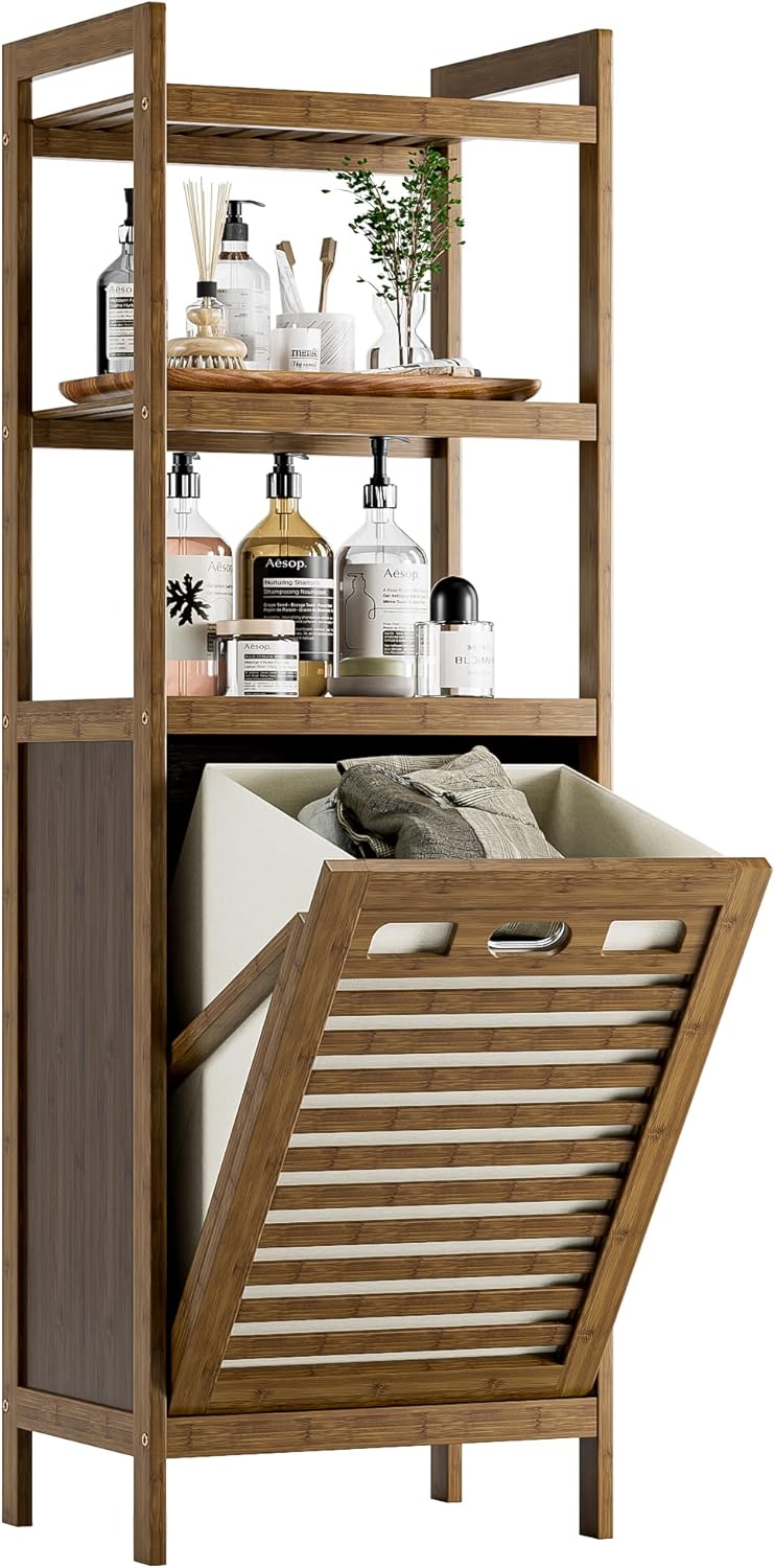 HITNET Bamboo Tilt Out Laundry Hamper, Bathroom Storage Cabinet with Hidden Removable Basket and 3 Open Shelves, Space Saving Bamboo Storage for Clothes, Towels and Toys, Walnut